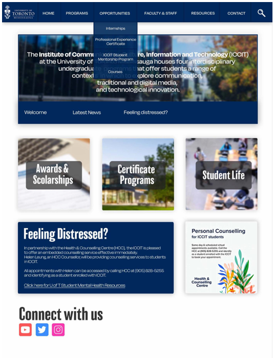 ICCIT homepage redesign prototype screen showing navigation, hero content, and student information cards.