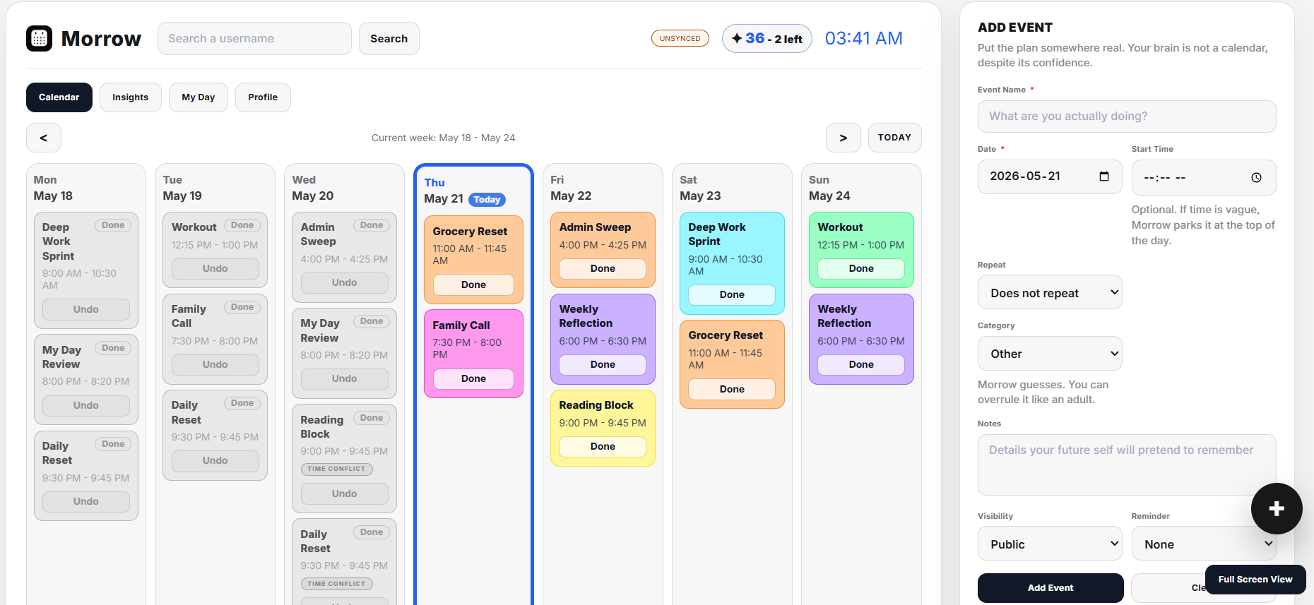 Morrow desktop calendar interface showing weekly events and an add event panel.