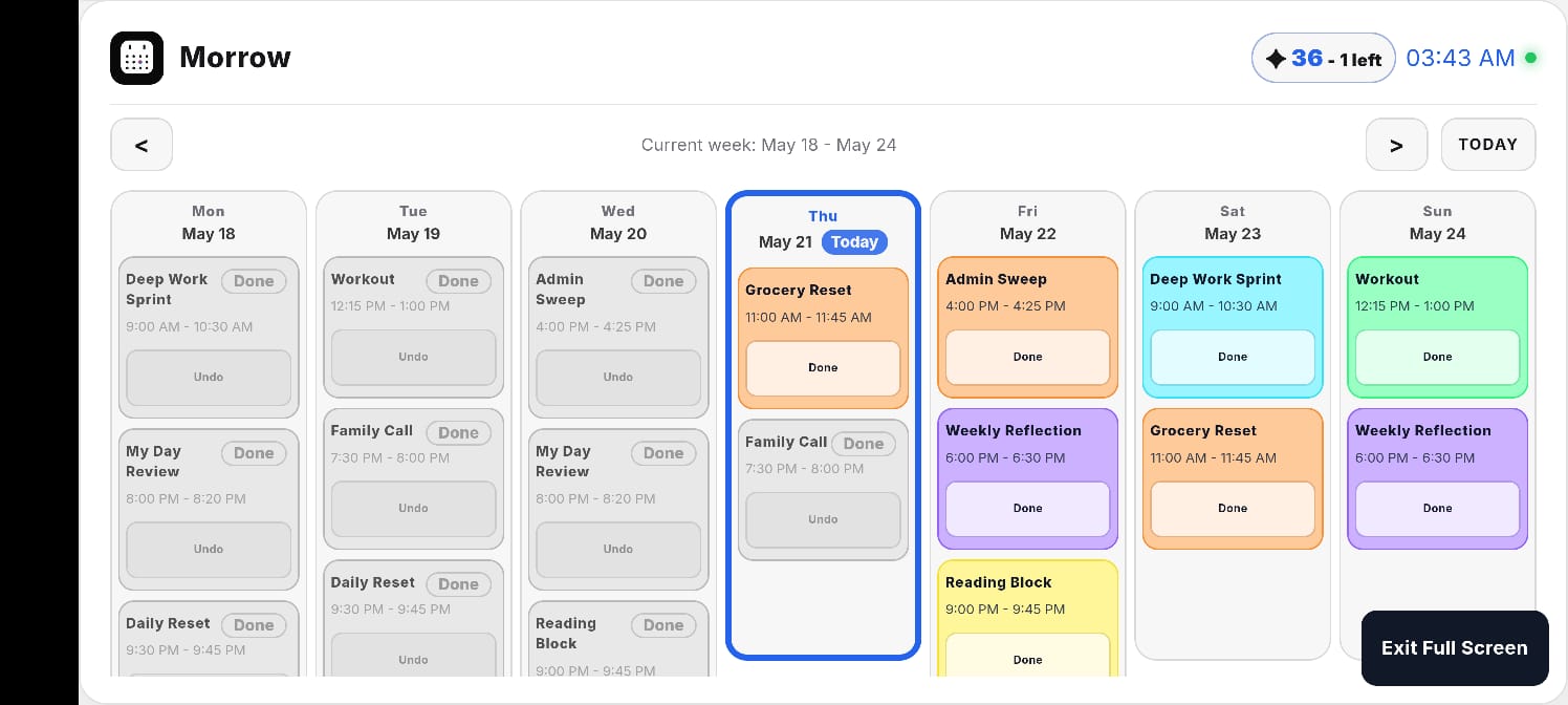 Morrow mobile view showing the weekly calendar interface in a compact full-screen layout.