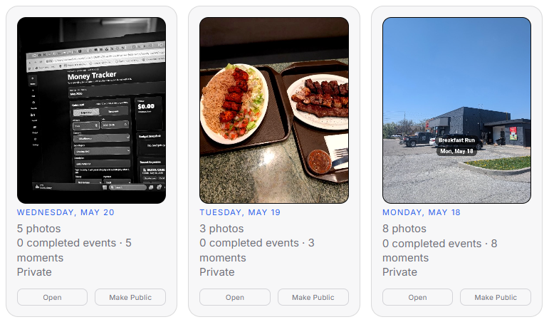 Morrow My Day summary cards showing photo counts, completed events, moments, privacy status, and actions.