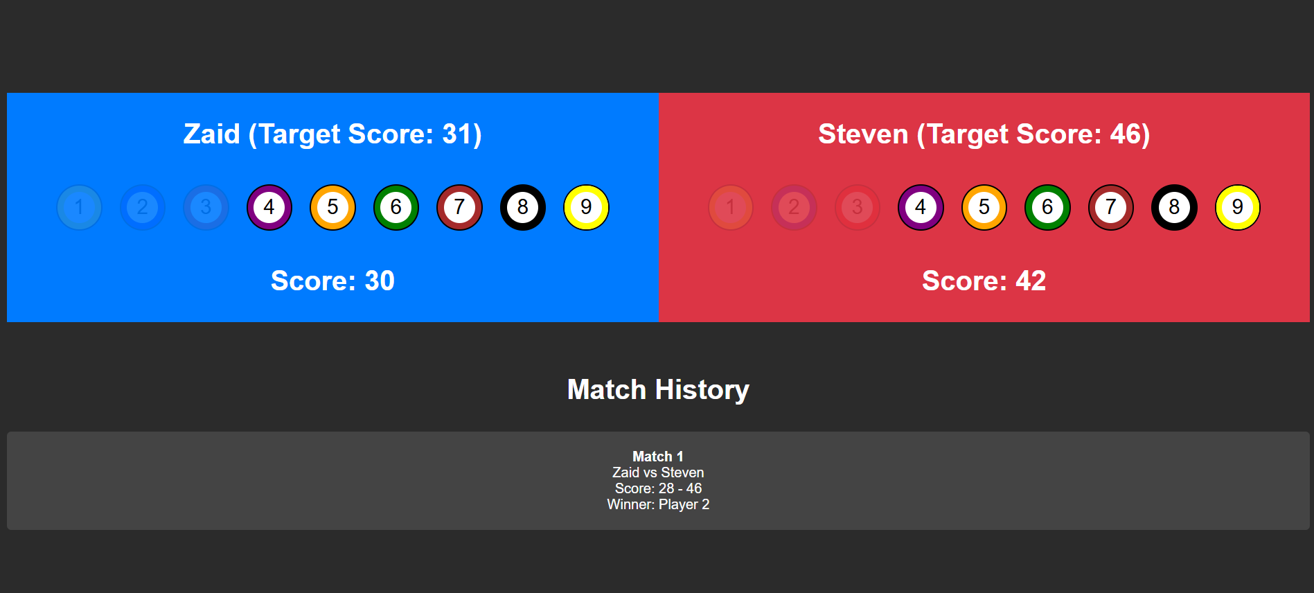 Pool scoring prototype showing two players, ball states, target scores, and match history.