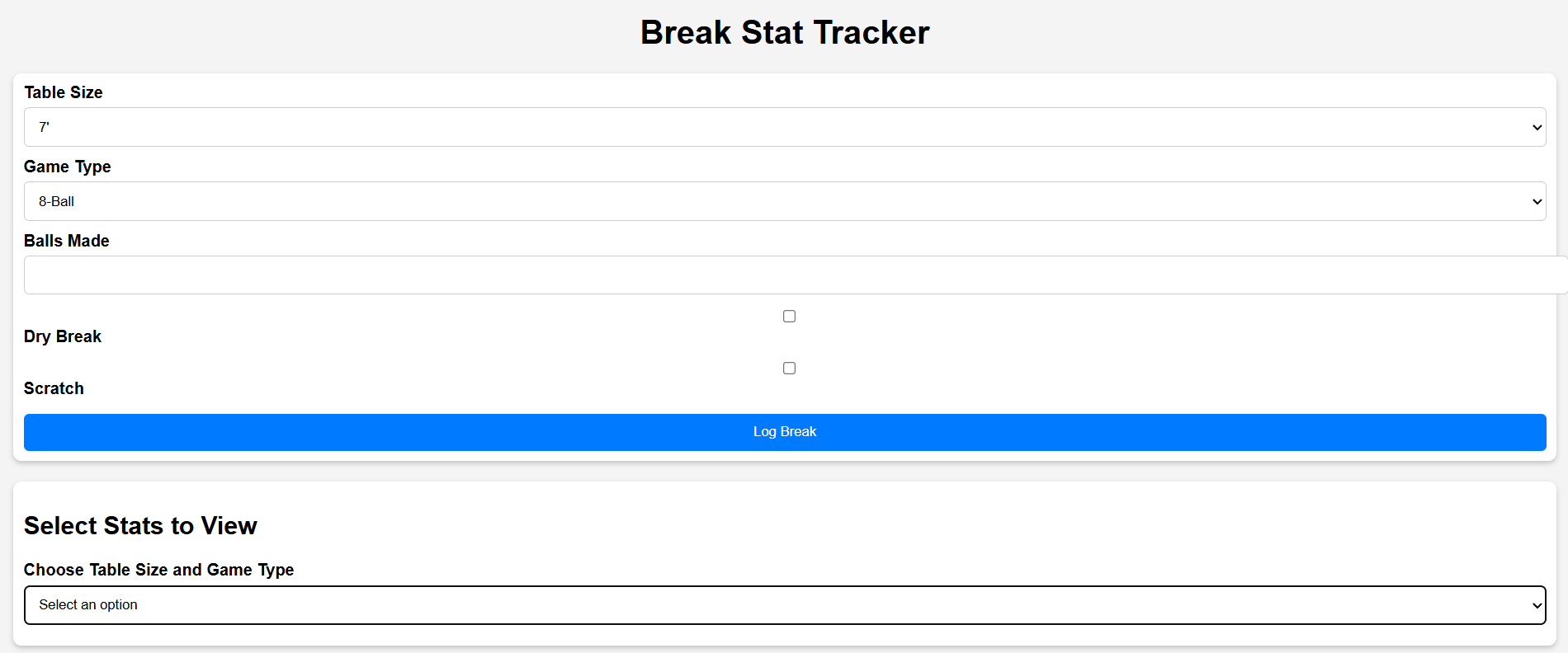 Break stat tracker form for table size, game type, balls made, dry break, and scratch.