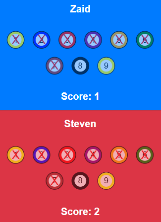 Dead-ball logic screen showing ball states for two players and score changes.