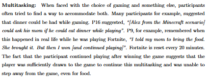 Excerpt from the thesis discussing multitasking as a real-life workaround in response to game mechanics.