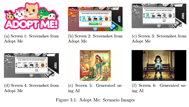 Figure showing multiple Adopt Me scenario images used in the thesis interview materials.